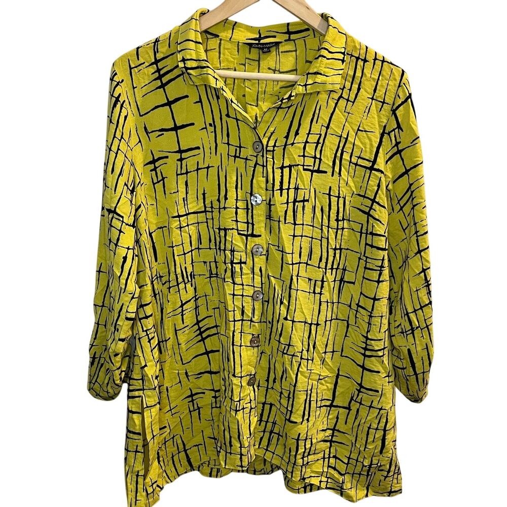 John Mark Womens Yellow And Black Button Down Size Medium Art‎ to Wear Lagenlook